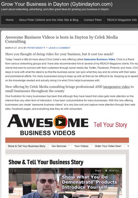gybinday 033112 Screenshot of blog article about Celek Media Consulting and AwesomeBusinessVideos.com